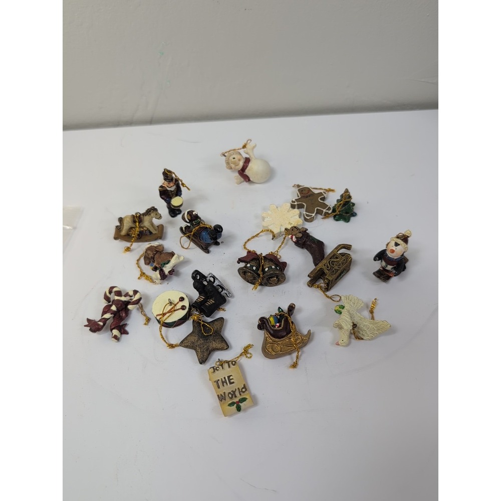 Vintage 19 Miniature Christmas Ornaments 1" Resin Santa Snowmen Angels Drum